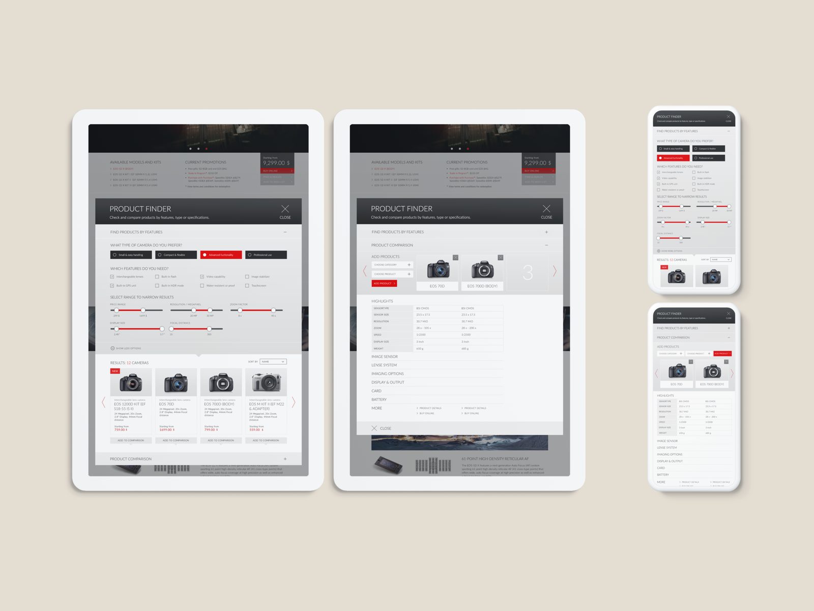 Product comparison on desktop, tablet and phone
