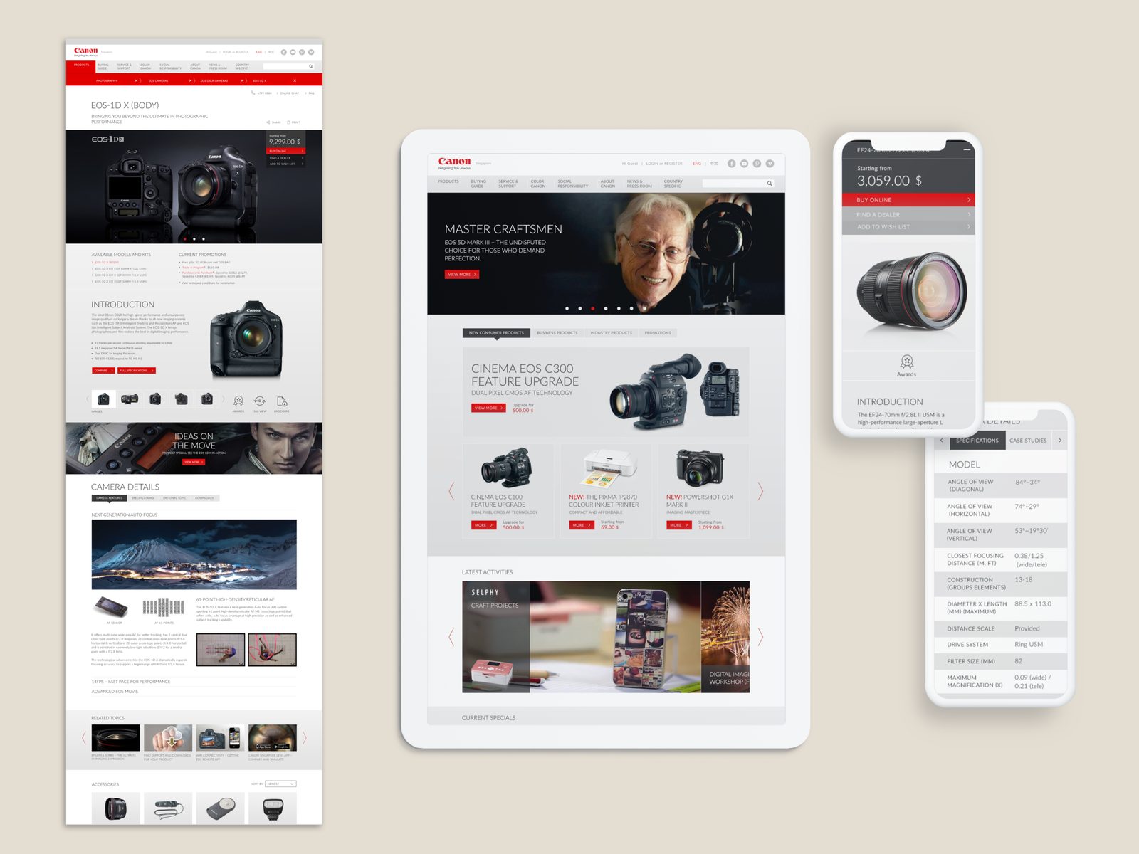 A Canon product detail page on desktop, tablet and phone