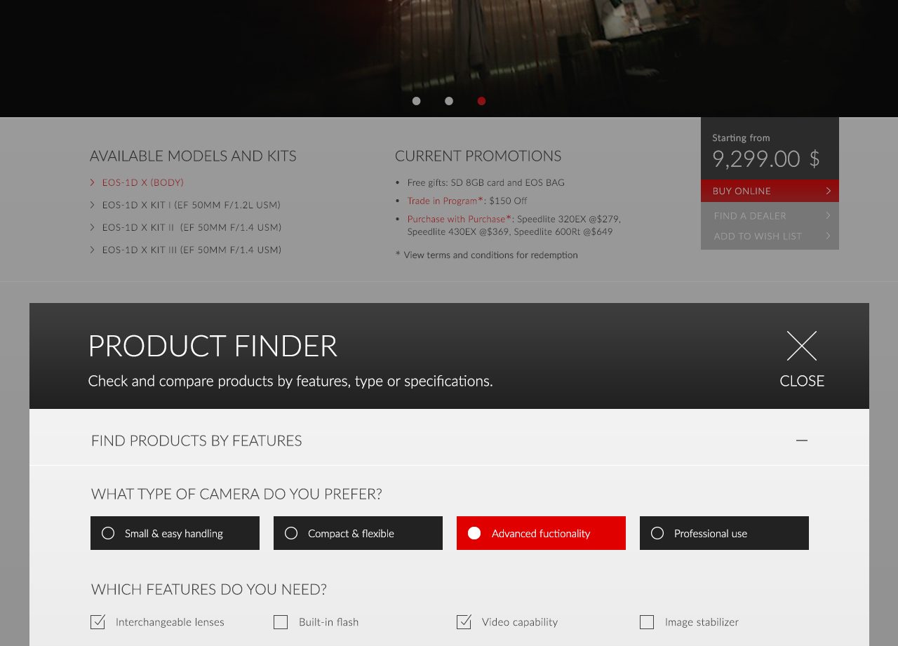 The Canon product finder page