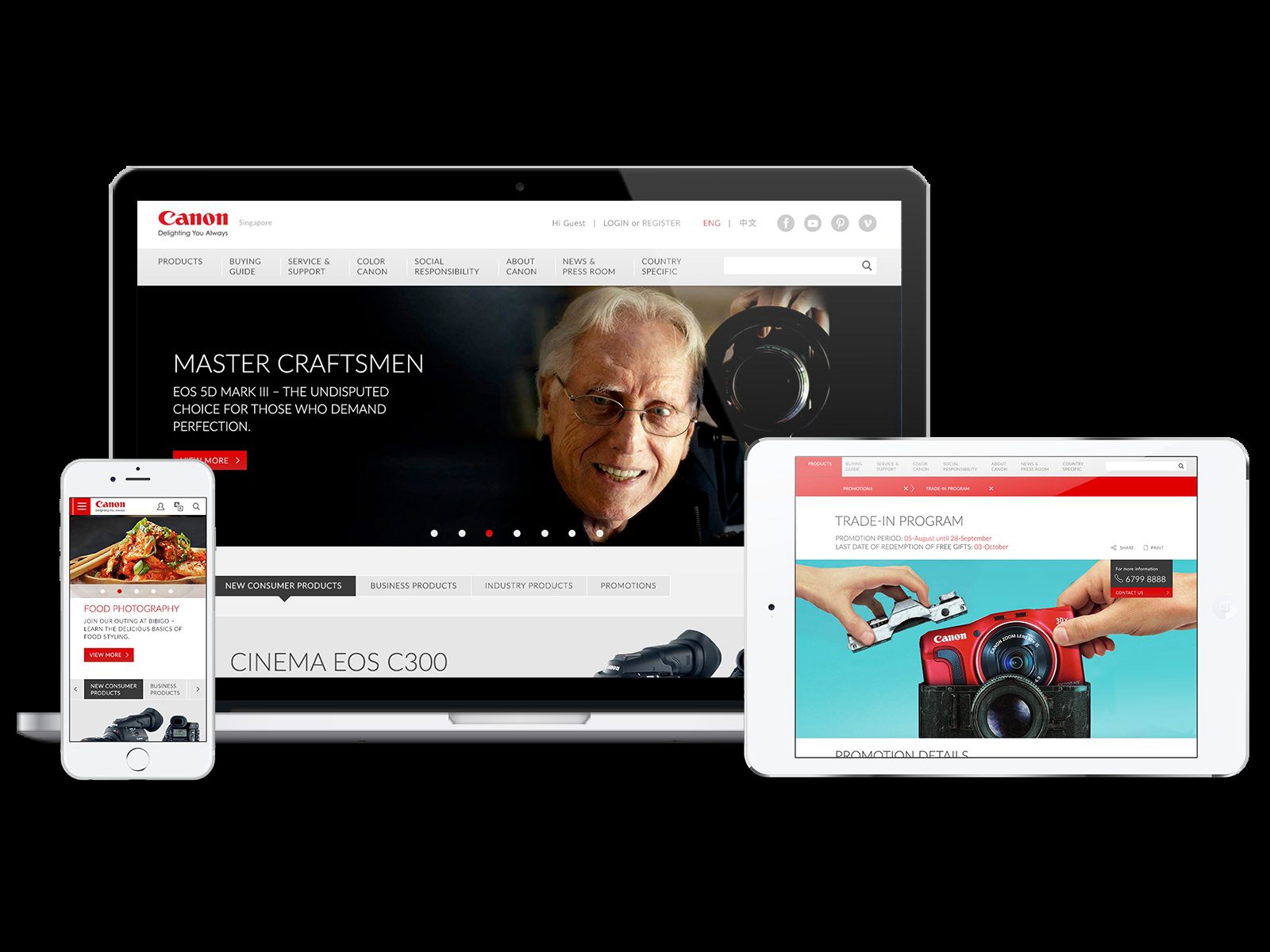 The Cinema EOS C300 product world on desktop, tablet and phone