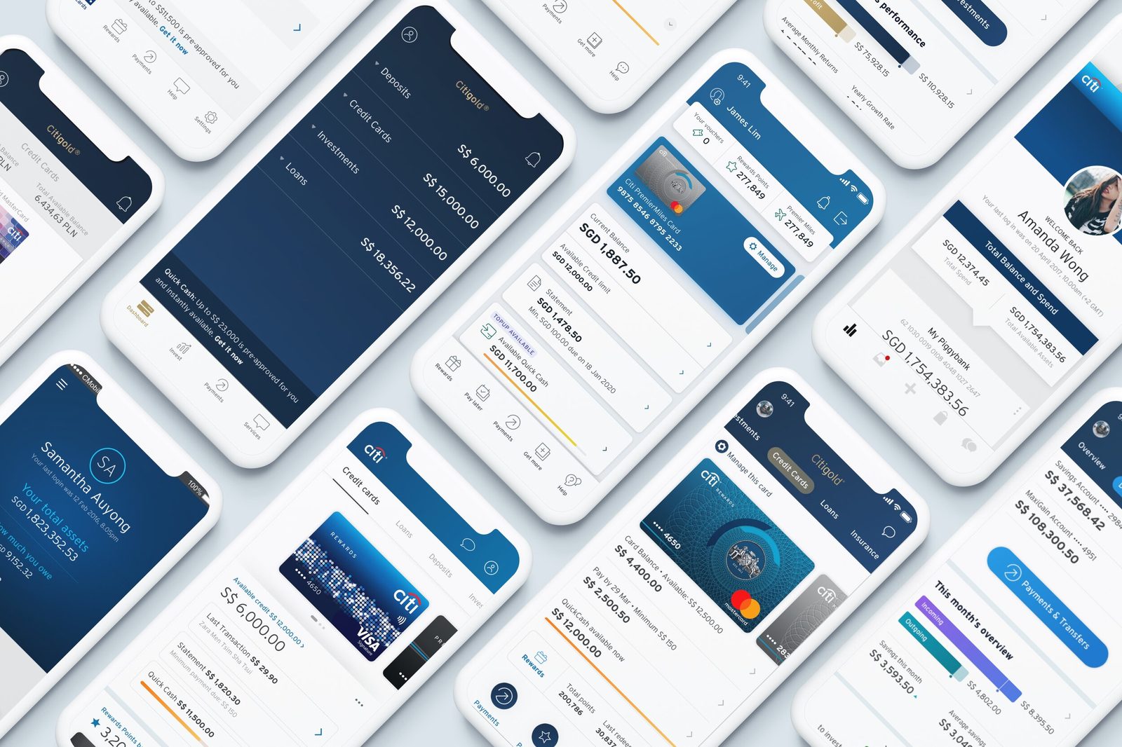 Many prototype screens of the Citi app laid out side by side