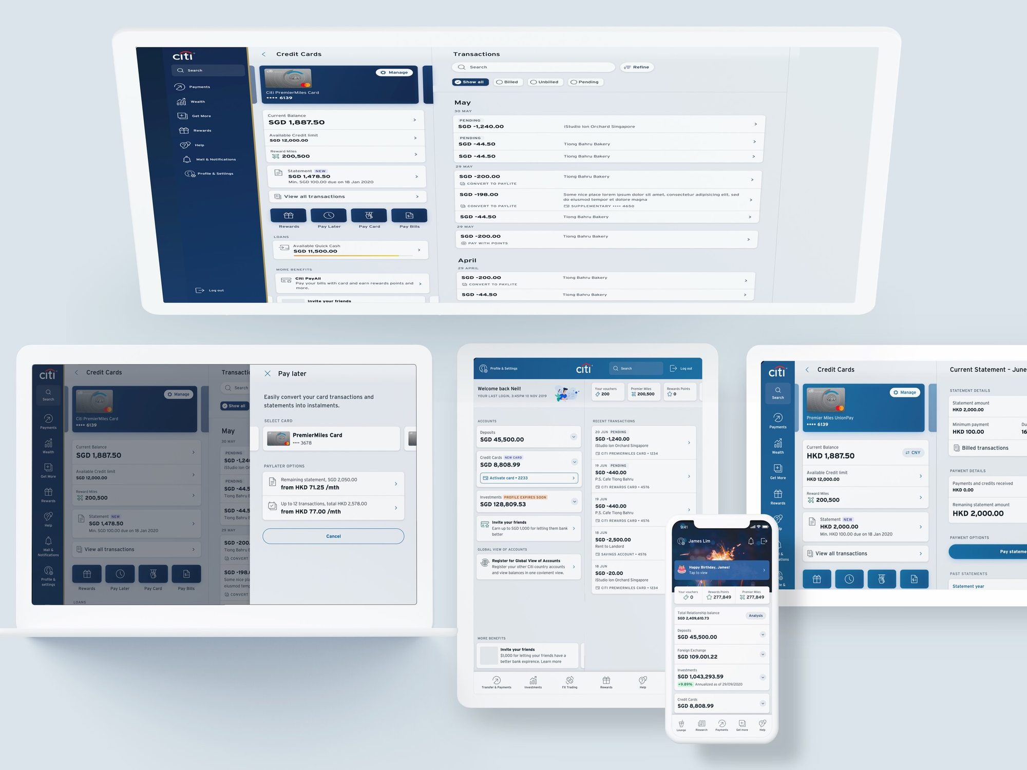 Screens from the relaunched Citi mobile banking app across markets, segments and devices