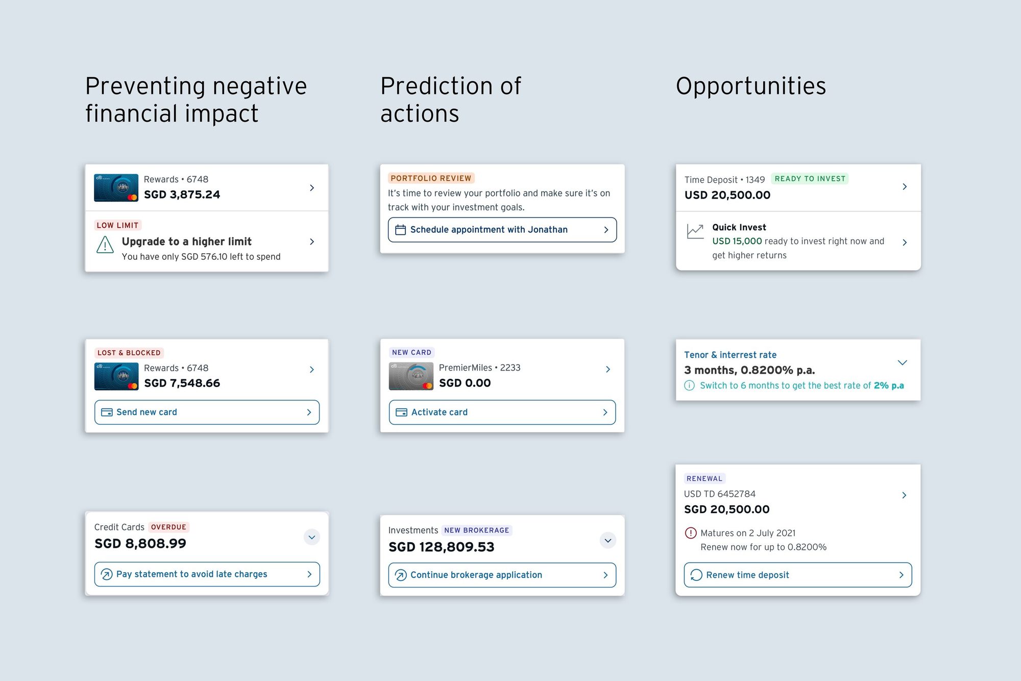 Product tiles with colour-coded status labels and a call to action on each