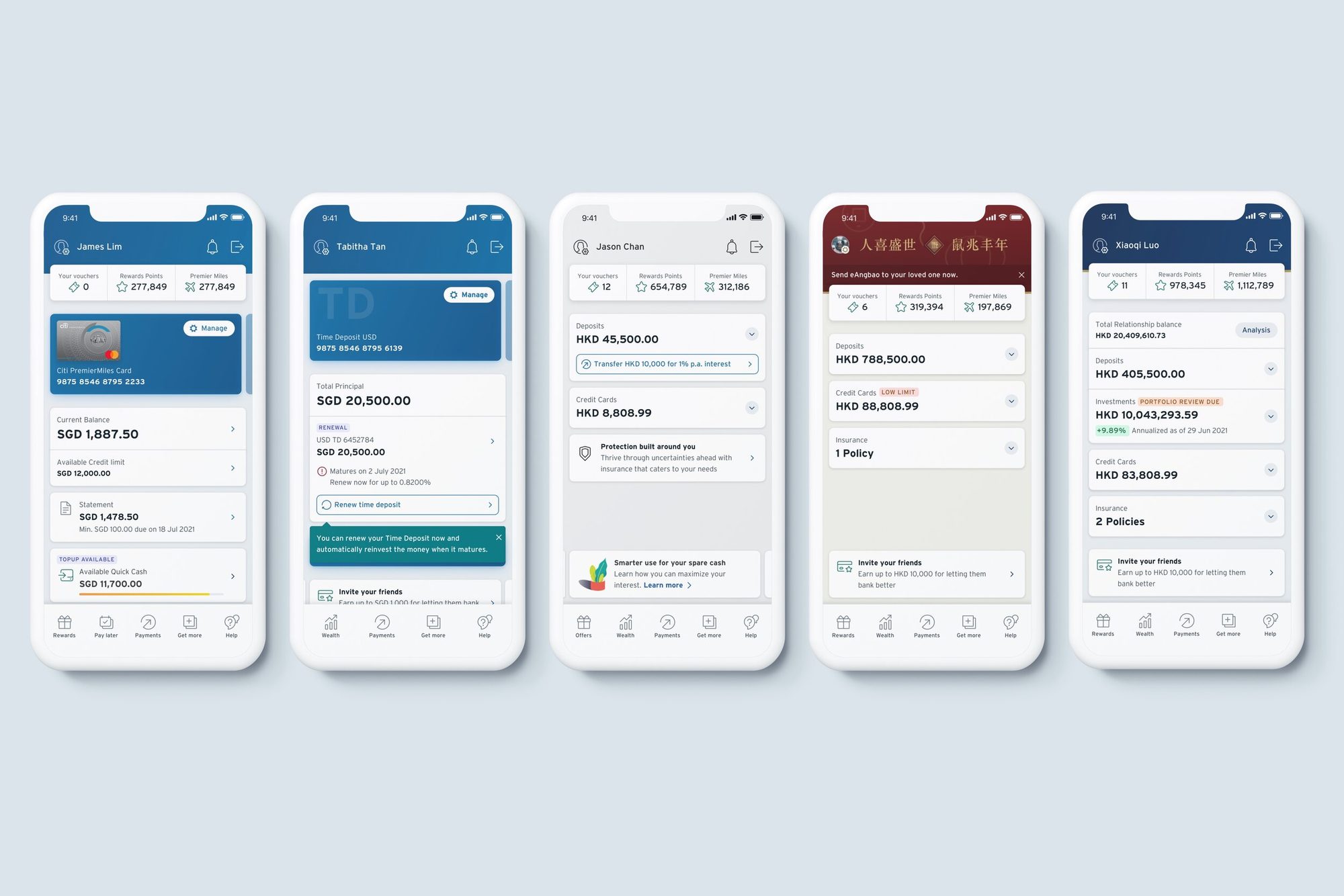 Five dashboard variants, from cards only to investor, each with its own bottom navigation