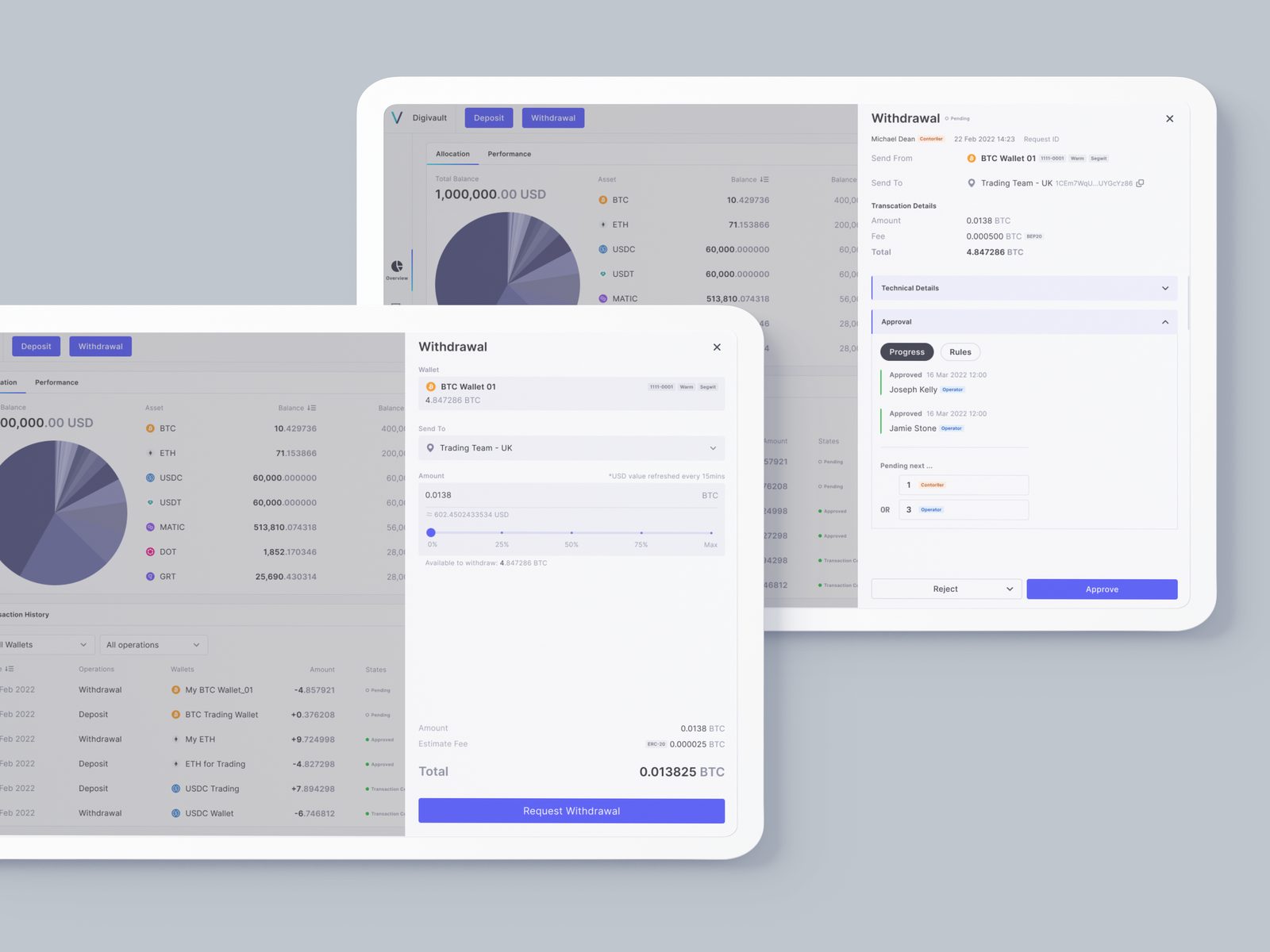 A transfer flow in an overlay drawer with the wallet still visible behind it