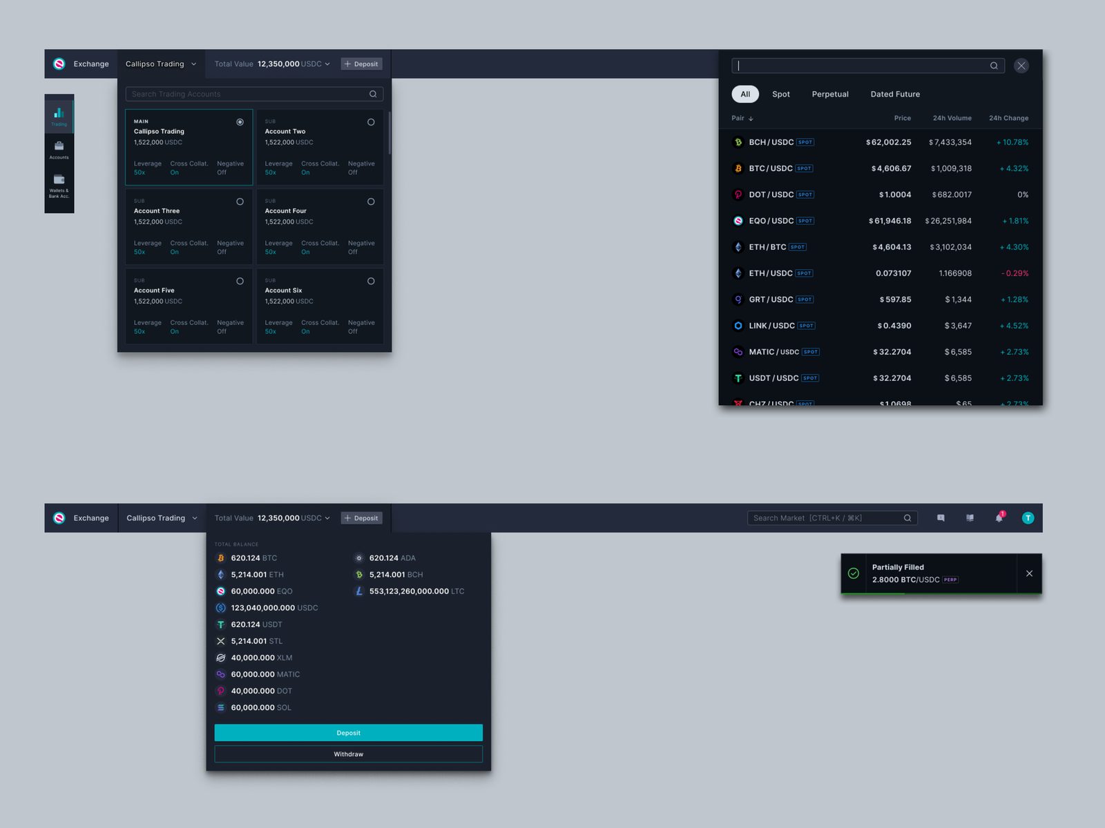 Section navigator, sub-account toggle, market switch, balance overview and confirmation toast